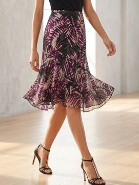 ALFANI FLORAL SILK MIDI SKIRT PURPLE WHITE GRAY LEAVES PRINT SZ 10